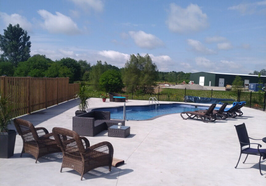 Fiberglass Pool, Concrete Pad, Wood Fence, Rod Iron Fence