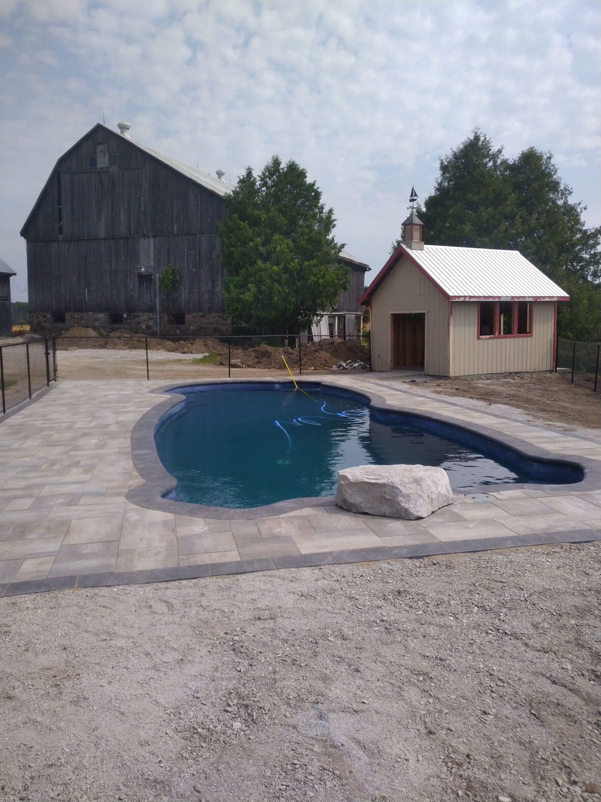 Fiberglass, Pool, Interlock, Armour Stone, Chain Link Fence, Concrete Pad Under Shed